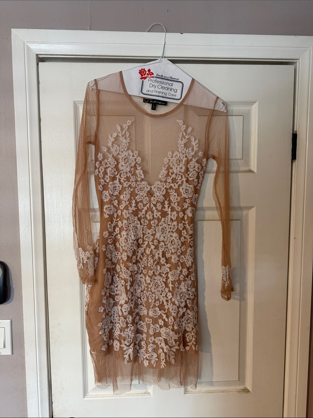 For Love & Lemons Nude Mesh Dress with White Lace Appliqué